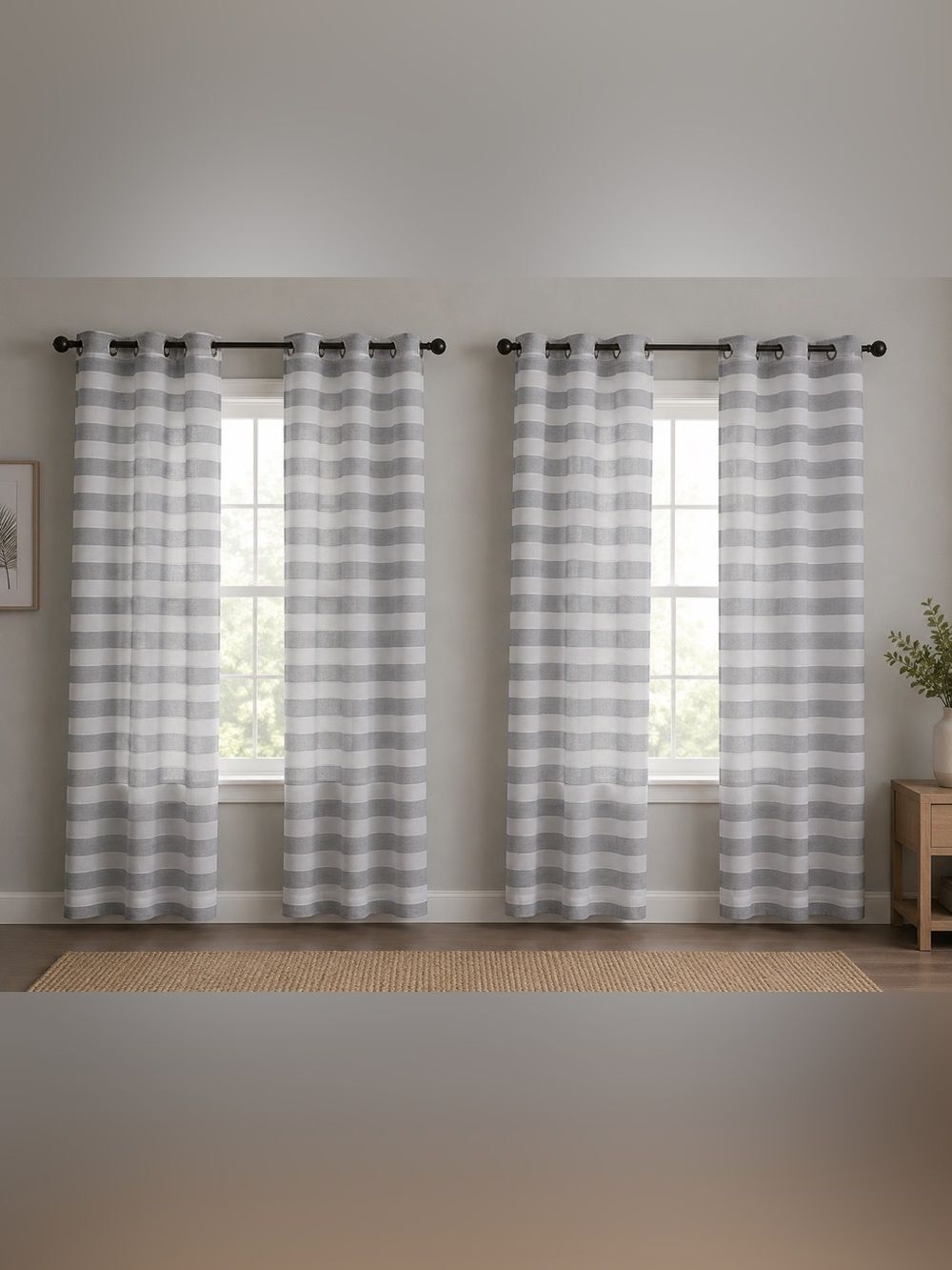 Set of 4 Gray White Sheer Striped Curtains Grommets Modern Lightweight 36”X 82”